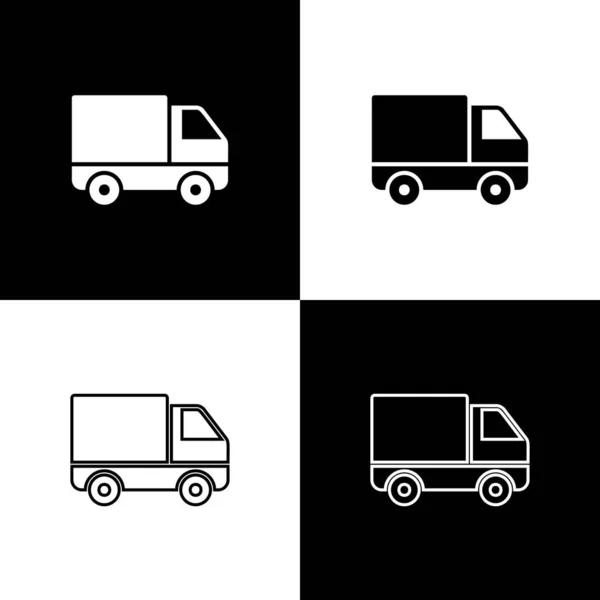Ensemble livraison camion cargo icône du véhicule isolé sur fond noir et blanc. Illustration vectorielle — Image vectorielle
