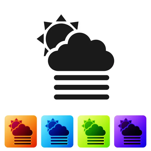 Nebbia nera e nube con icona solare isolata su sfondo bianco. Imposta le icone nei pulsanti quadrati a colori. Illustrazione vettoriale — Vettoriale Stock