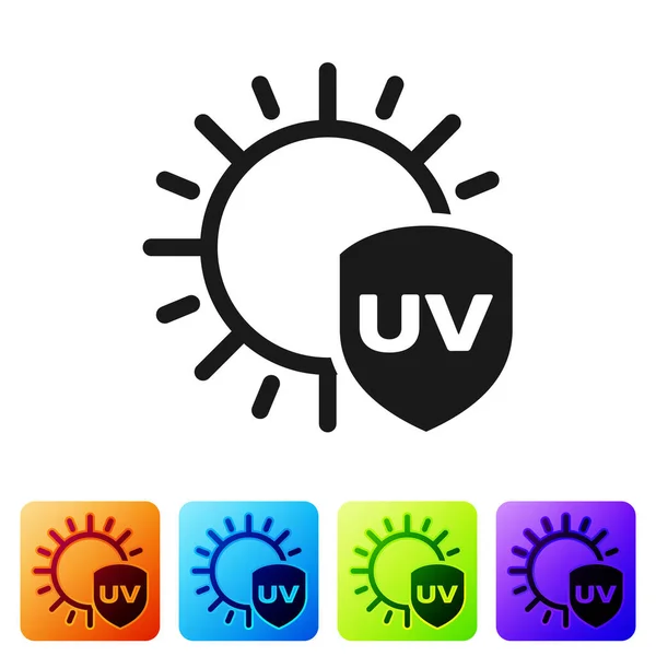 Icona di protezione UV nera isolata su sfondo bianco. Sole e scudo. Radiazioni ultraviolette. Segno solare SPF. Imposta le icone nei pulsanti quadrati a colori. Illustrazione vettoriale — Vettoriale Stock