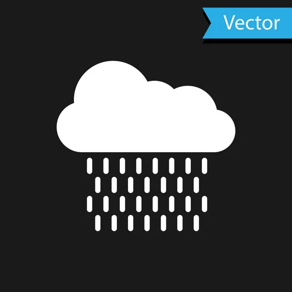 Nuage blanc avec icône de pluie isolée sur fond noir. Précipitation de nuages de pluie avec gouttes de pluie. Illustration vectorielle — Image vectorielle