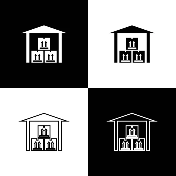 Definir ícone Armazém isolado no fundo preto e branco. Ilustração vetorial — Vetor de Stock