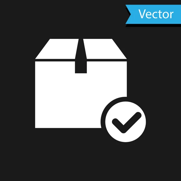 Weißes Paket mit Häkchen-Symbol auf schwarzem Hintergrund. Paketkasten mit Häkchen. genehmigte Lieferung oder erfolgreicher Paketempfang. Vektorillustration — Stockvektor