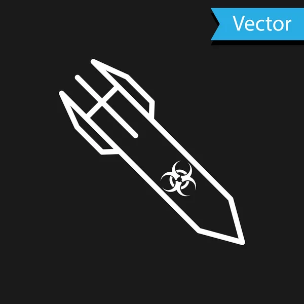 White Biohazard rocket icon isolated on black background. Rocket bomb flies down. Vector Illustration — Stock Vector