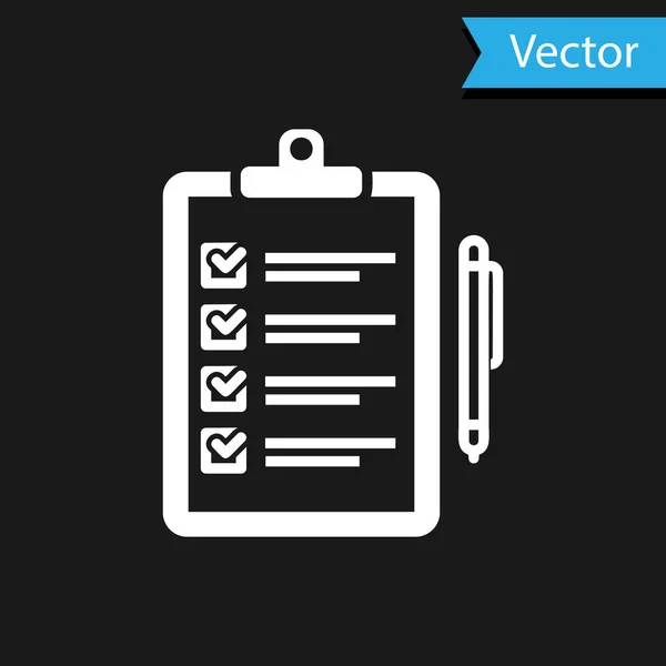 Blanco Verificación de la lista de entrega portapapeles y lápiz icono aislado sobre fondo negro. Ilustración vectorial — Vector de stock