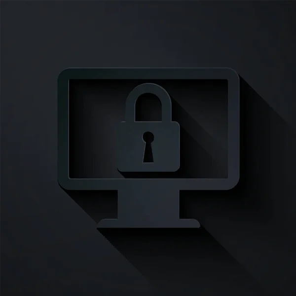 Paper cut Lock on computer monitor screen icon isolated on black background. Monitor and padlock. Security, safety, protection concept. Safe internetwork. Paper art style. Vector Illustration — Stock Vector