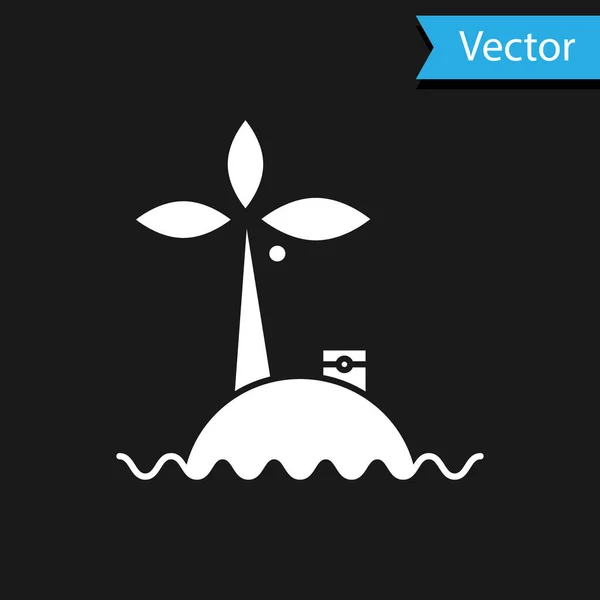 Île tropicale blanche dans l'icône de l'océan isolé sur fond noir. Paysage avec océan et palmiers. Voyage. Illustration vectorielle — Image vectorielle