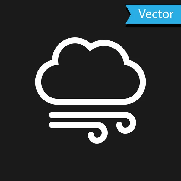 Icona meteo ventosa bianca isolata su sfondo nero. Nuvola e vento. Illustrazione vettoriale — Vettoriale Stock