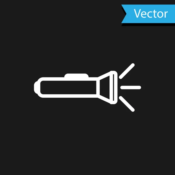 Weiße Taschenlampe Symbol isoliert auf schwarzem Hintergrund. Vektorillustration — Stockvektor