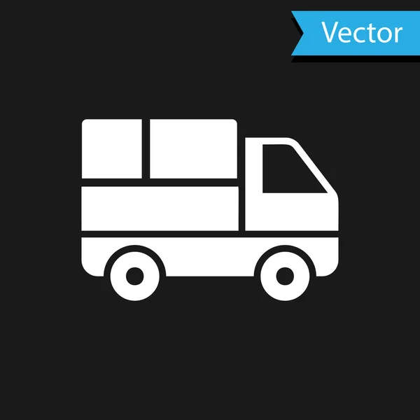 Witte Bezorging vrachtwagen met kartonnen dozen achter pictogram geïsoleerd op zwarte achtergrond. Vector Illustratie — Stockvector