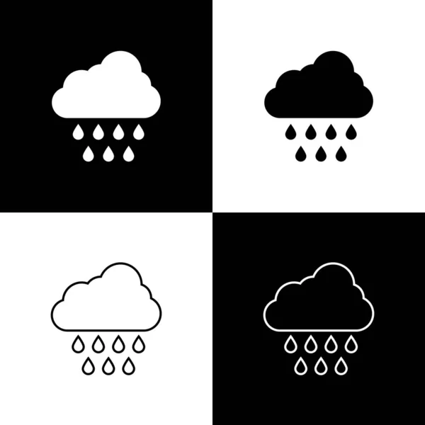 Set Cloud mit Regen-Symbol isoliert auf schwarz-weißem Hintergrund. Regenwolken mit Regentropfen. Vektorillustration — Stockvektor