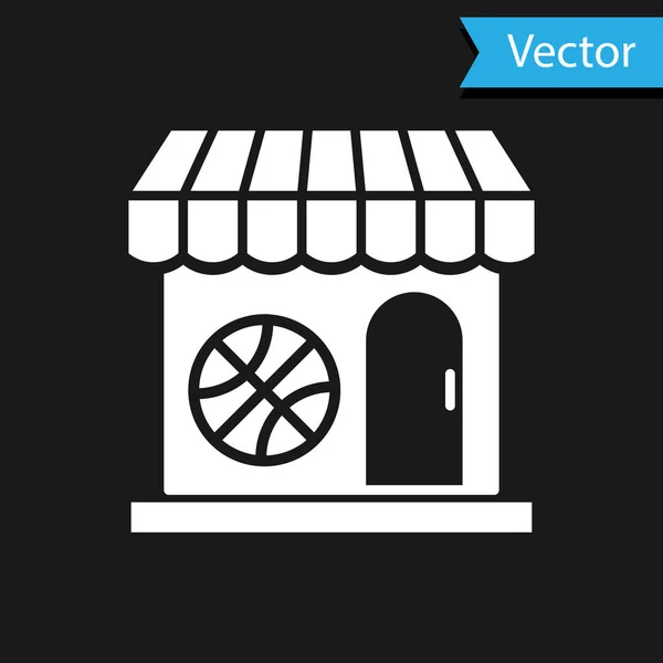 Blanco Tienda de deportes y pelota de baloncesto icono aislado sobre fondo negro. Tienda de deportes. Ilustración vectorial — Vector de stock