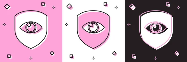 Conjunto Escudo e ícone de olho isolado em rosa e branco, fundo preto. Segurança, segurança, proteção, conceito de privacidade. Ilustração vetorial — Vetor de Stock