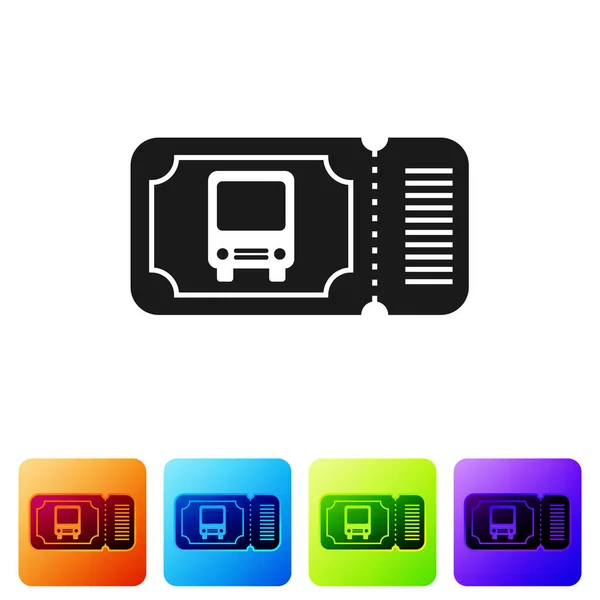 Icono de billete de autobús negro aislado sobre fondo blanco. Billete de transporte público. Establecer iconos en botones cuadrados de color. Ilustración vectorial — Vector de stock