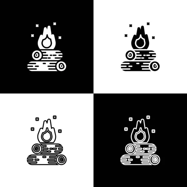 Setzen Sie das Lagerfeuer-Symbol isoliert auf schwarz-weißem Hintergrund. Brennendes Feuer mit Holz. Vektorillustration — Stockvektor