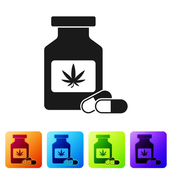 Black Medical bottle with marijuana or cannabis leaf icon isolated on white background. Mock up of cannabis oil extracts in jars. Set icons in color square buttons. Vector Illustration — Stock Vector