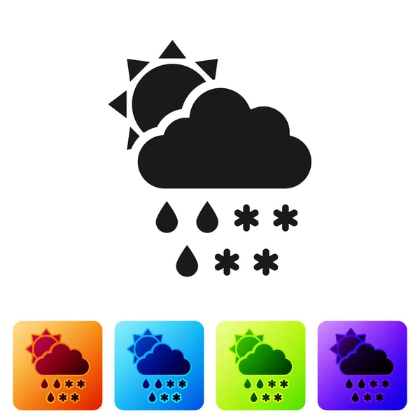 Schwarze Wolke mit Schnee- und Regensymbol auf weißem Hintergrund. Wettersymbol. setzen Sie Symbole in farbigen quadratischen Buttons. Vektorillustration — Stockvektor