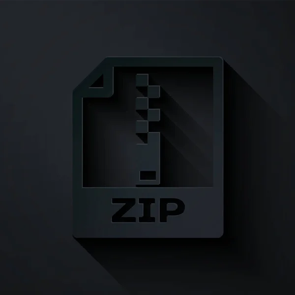 종이 컷 zip 파일 문서. 검은 배경에서 분리 된 zip 버튼 아이콘을 다운로드합니다. 지퍼 파일 기호. 종이 예술 스타일. 벡터 일러스트 — 스톡 벡터