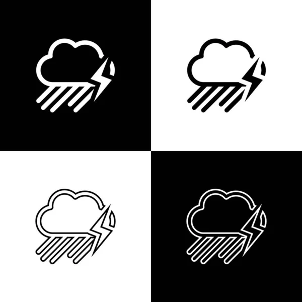 Set Wolke mit Regen und Blitz-Symbol isoliert auf schwarz-weißem Hintergrund. Regenwolken Niederschlag mit Regentropfen. Wettersymbol des Sturms. Vektorillustration — Stockvektor