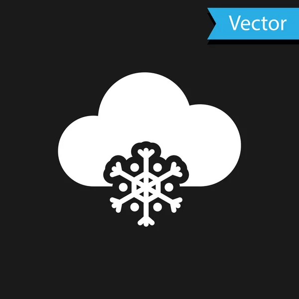 Nuvem branca com ícone de neve isolado no fundo preto. Nuvem com flocos de neve. Ícone meteorológico único. Sinal de nevar. Ilustração vetorial — Vetor de Stock