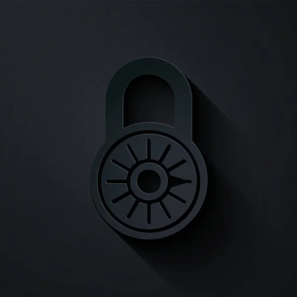 Papírvágás Biztonságos kombináció zár kerék ikon elszigetelt fekete alapon. Kombinált lakat. Biztonság, biztonság, védelem, jelszó, magánélet. Papírművészeti stílus. Vektorillusztráció — Stock Vector