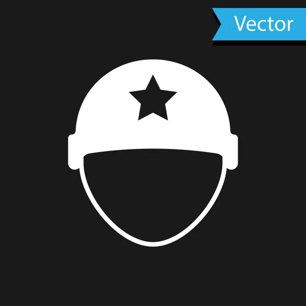 Icono del casco militar blanco aislado sobre fondo negro. Sombrero del ejército símbolo de defensa y protección. Sombrero protector. Ilustración vectorial — Vector de stock