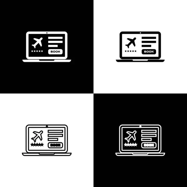 Definir Laptop com cartão de embarque eletrônico ícone bilhete de avião isolado em fundo preto e branco. Passageiro avião bilhete móvel para web e app. Ilustração vetorial — Vetor de Stock