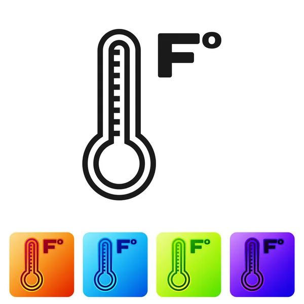 Svart meteorologi termometer mäta värme och kall ikon isolerad på vit bakgrund. Temperatur Fahrenheit. Ställ ikoner i färg fyrkantiga knappar. Vektor Illustration — Stock vektor