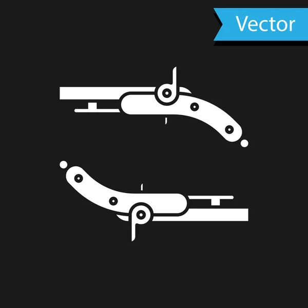 Weiße Vintage Pistolen Ikone isoliert auf schwarzem Hintergrund. Uralte Waffe. Vektorillustration — Stockvektor