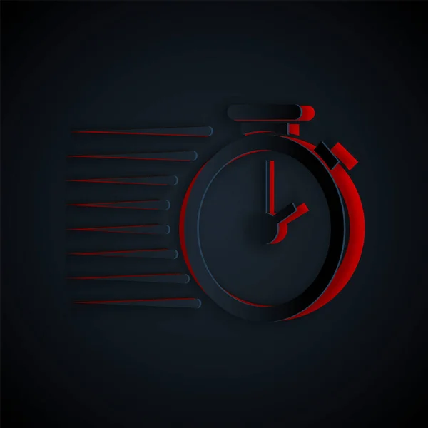 Papírvágás Stopwatch ikon elszigetelt fekete háttérrel. Időzítő jel. Papírművészeti stílus. Vektorillusztráció — Stock Vector