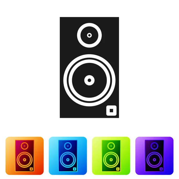 Icono de altavoz estéreo negro aislado sobre fondo blanco. Altavoces del sistema de sonido. Icono musical. Equipo de altavoz de columna musical bajo. Establecer iconos en botones cuadrados de color. Ilustración vectorial — Archivo Imágenes Vectoriales