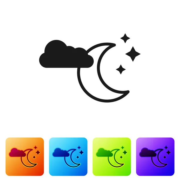 Μαύρο σύννεφο με φεγγάρι και αστέρια εικονίδιο απομονώνονται σε λευκό φόντο. Σύννεφο νυχτερινό σημάδι. Όνειρα ύπνου σύμβολο. Νύχτα ή ώρα για ύπνο. Ορισμός εικονιδίων σε χρωματιστά τετράγωνα κουμπιά. Εικονογράφηση διανύσματος — Διανυσματικό Αρχείο