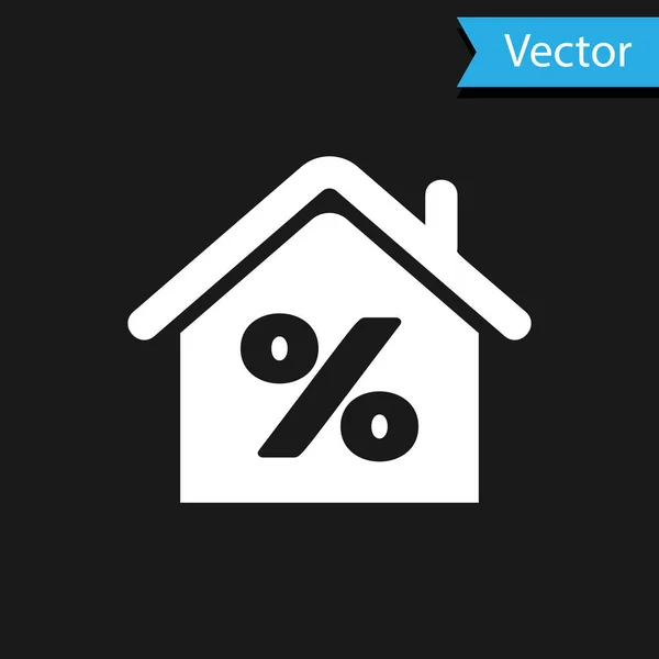 Weißes Haus mit Percant Discount Tag Symbol isoliert auf schwarzem Hintergrund. Haus Prozentsatz Zeichen Preis. Immobilien zu Hause. Kredit Prozentsatz Symbol. Vektorillustration — Stockvektor