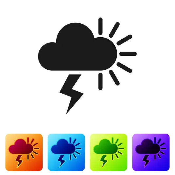 Schwarzes Sturmsymbol isoliert auf weißem Hintergrund. Bewölkt mit Blitz und Sonne. Wetter-Ikone Sturm. setzen Sie Symbole in farbigen quadratischen Buttons. Vektorillustration — Stockvektor