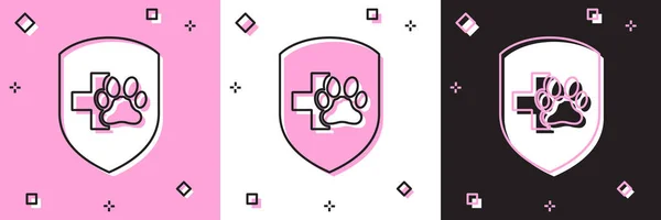 Zestaw ikona ubezpieczenia zdrowotnego zwierząt na różowym i białym, czarnym tle. Ikona ochrony zwierząt. Odcisk palca psa lub kota. Ilustracja wektora — Wektor stockowy