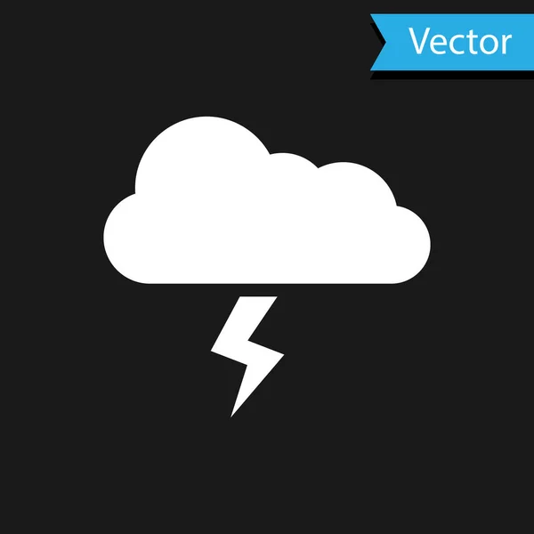 Icono de tormenta blanca aislado sobre fondo negro. Nube y relámpago. Icono del tiempo de tormenta. Ilustración vectorial — Vector de stock