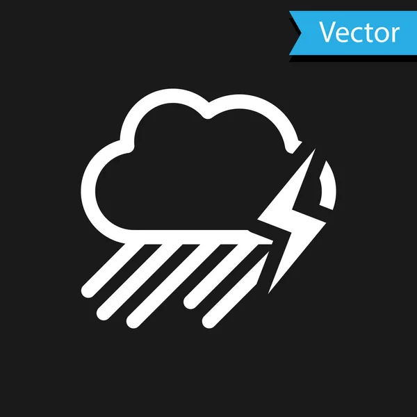 Weiße Wolke mit Regen und Blitz-Symbol isoliert auf schwarzem Hintergrund. Regenwolken Niederschlag mit Regentropfen. Wettersymbol des Sturms. Vektorillustration — Stockvektor