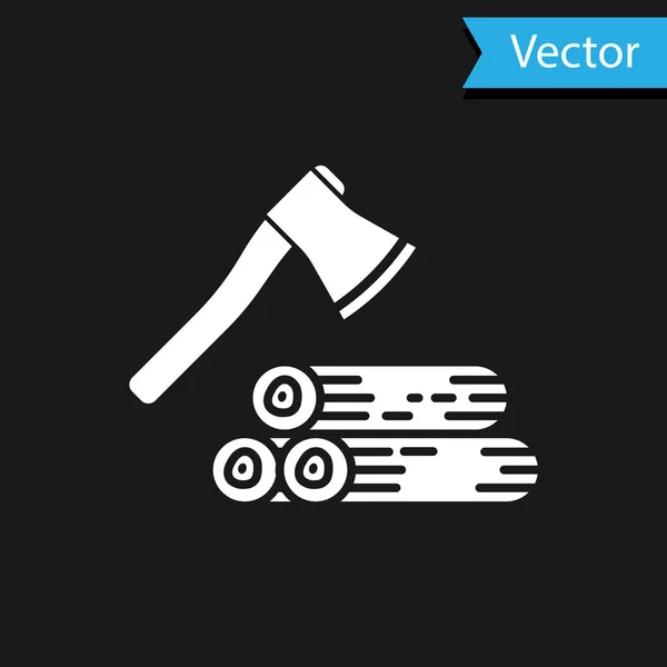Weiße Holzaxt und Holzsymbol isoliert auf schwarzem Hintergrund. Holzfällerbeil. Vektorillustration — Stockvektor