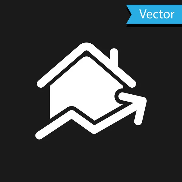 White Costo creciente del icono de la vivienda aislado sobre fondo negro. Aumento del precio de los bienes raíces. Aumenta gráfico residencial. Ilustración vectorial — Vector de stock