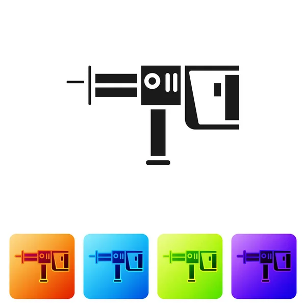 Black Electric rotary hammer drill machine icon isolated on white background. Working tool for construction, finishing, repair work. Set icons in color square buttons. Vector Illustration — Stock Vector