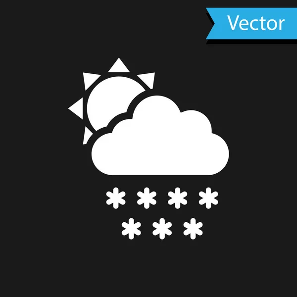 Nuage blanc avec icône neige et soleil isolé sur fond noir. Nuage avec flocons de neige. Icône météo unique. Signe de neige. Illustration vectorielle — Image vectorielle