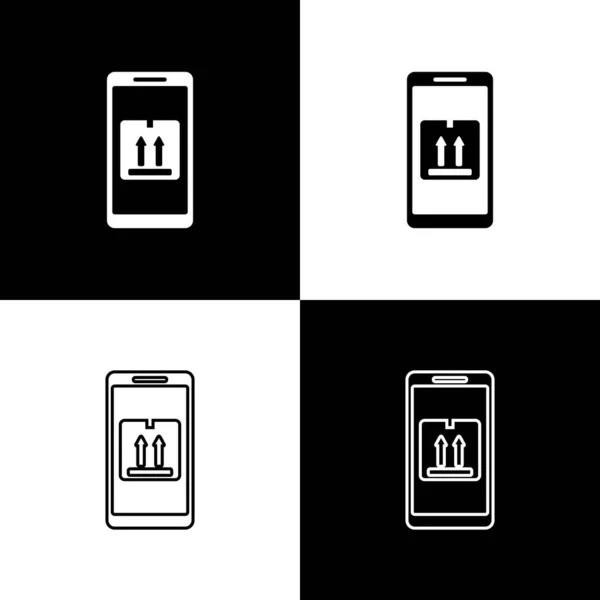 Ustaw inteligentny telefon komórkowy z ikoną śledzenia dostarczania aplikacji izolowaną na czarno-białym tle. Śledzenie paczek. Ilustracja wektorowa — Wektor stockowy
