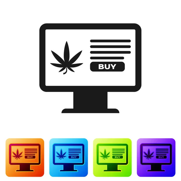 Monitor de ordenador negro y marihuana medicinal o icono de hoja de cannabis aislado sobre fondo blanco. Símbolo de compra online. Cesta del supermercado. Establecer iconos en botones cuadrados de color. Ilustración vectorial — Archivo Imágenes Vectoriales