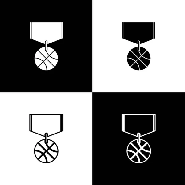 Σετ Μπάσκετ μετάλλιο με κορδέλα εικονίδιο απομονώνονται σε μαύρο και άσπρο φόντο. Εικονογράφηση διανύσματος — Διανυσματικό Αρχείο