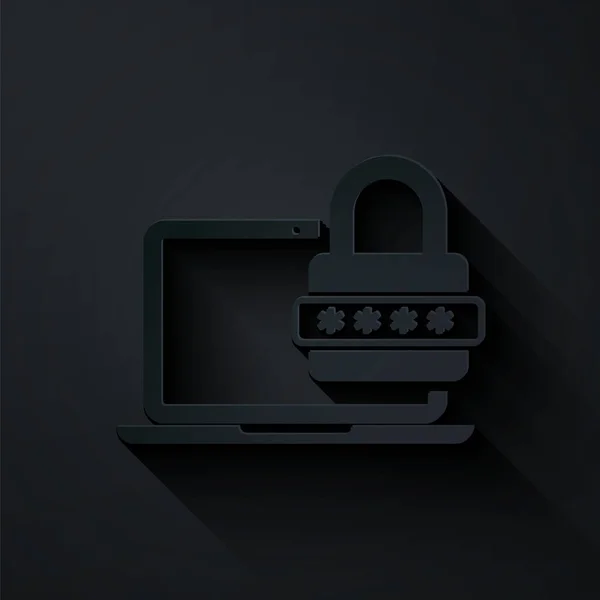Papírvágás Laptop jelszóval értesítés és zár ikon elszigetelt fekete háttér. Biztonság, személyes hozzáférés, felhasználói engedély, bejelentkezési űrlap. Papírművészeti stílus. Vektorillusztráció — Stock Vector