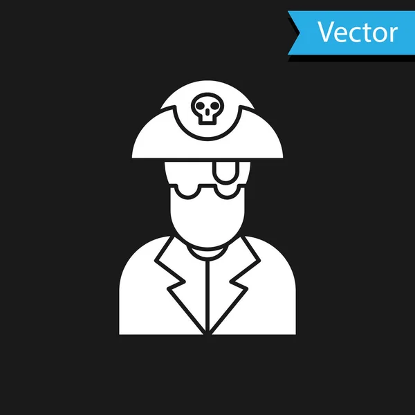 Icono de capitán pirata blanco aislado sobre fondo negro. Ilustración vectorial — Archivo Imágenes Vectoriales