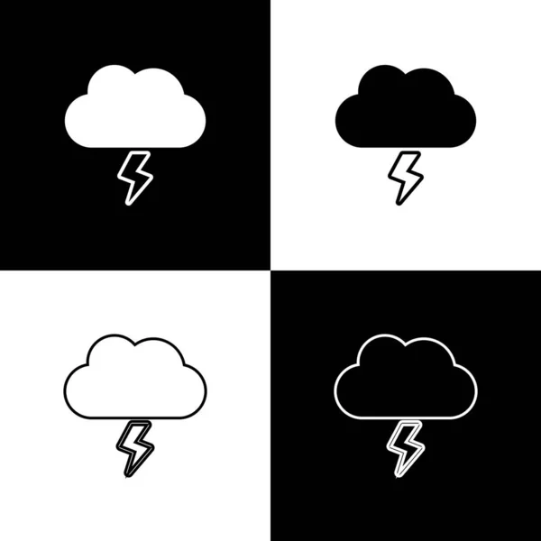 Definir ícone Tempestade isolado no fundo preto e branco. Sinal de nuvem e relâmpago. Ícone meteorológico da tempestade. Ilustração vetorial — Vetor de Stock