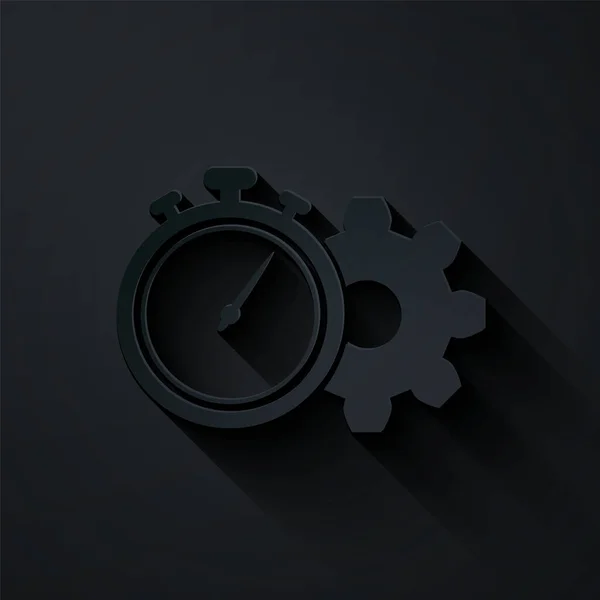 剪纸时间管理图标孤立在黑色背景. 时钟和齿轮的标志。 生产力的象征。 造纸艺术风格。 病媒图解 — 图库矢量图片