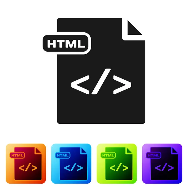 Dokument Black Html. Stáhnout ikonu tlačítka html izolované na bílém pozadí. Symbol souboru Html. Značkový symbol jazyka. Nastavit ikony v barevných čtvercových tlačítcích. Vektorová ilustrace — Stockový vektor