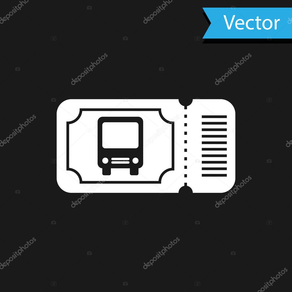 White Bus ticket icon isolated on black background. Public transport ticket. Vector Illustration