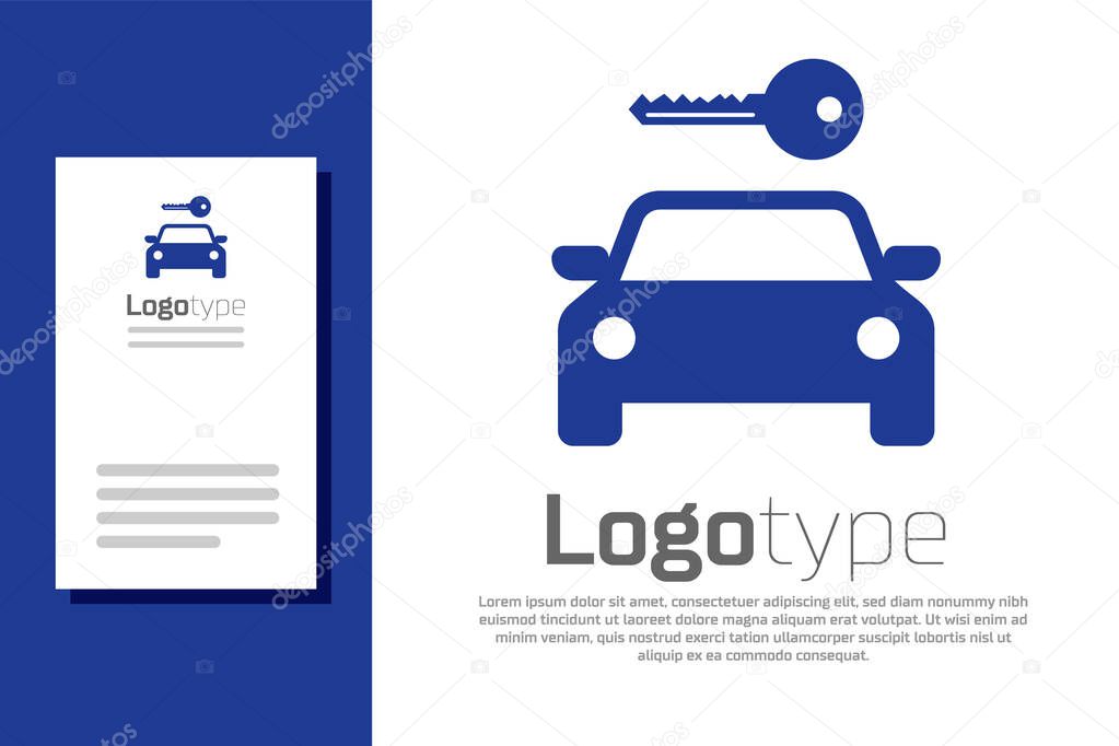Blue Car rental icon isolated on white background. Rent a car sign. Key with car. Concept for automobile repair service, spare parts store. Logo design template element. Vector Illustration